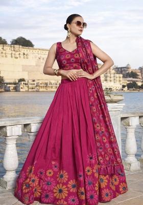 Pink Printed Chinon Lehenga Set