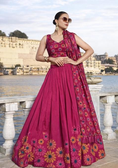 Pink Printed Chinon Lehenga Set