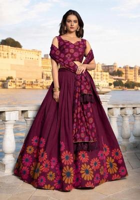 Brown Printed Chinon Lehenga Set