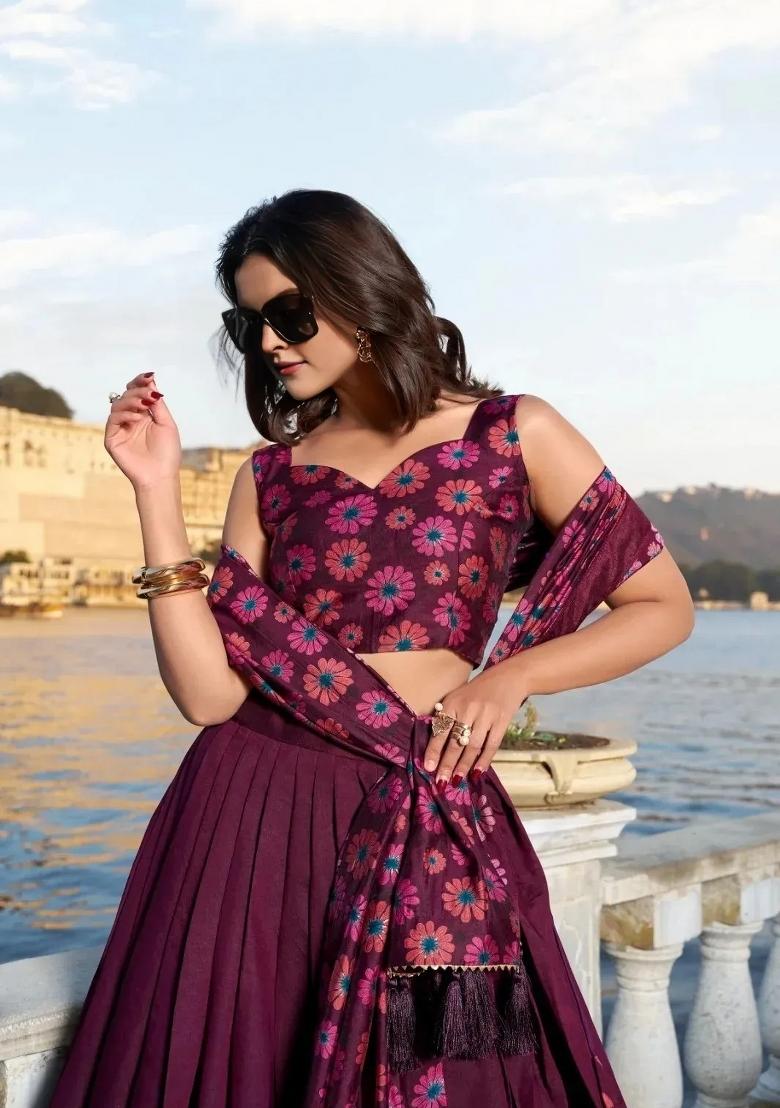 Brown Printed Chinon Lehenga Set - Indya