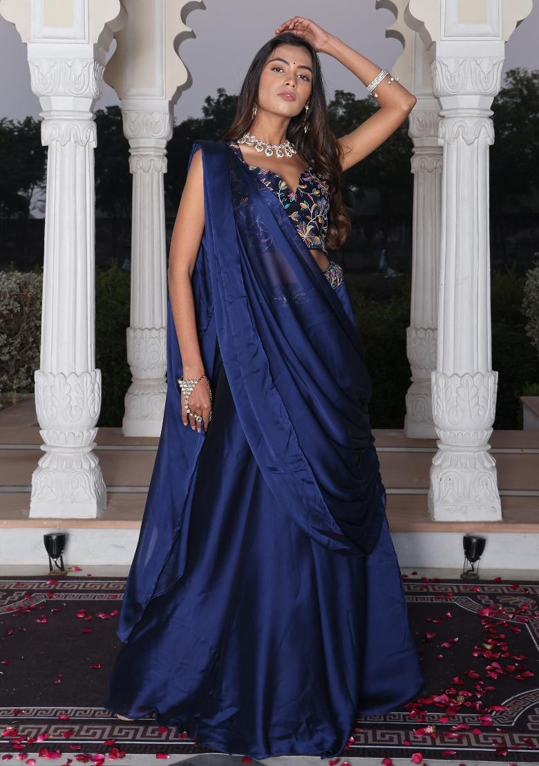 Blue Embroidered Silk Blend Lehenga Set - Indya
