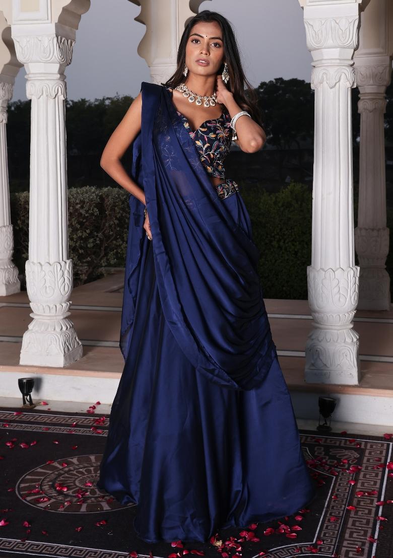 Blue Embroidered Silk Blend Lehenga Set - Indya