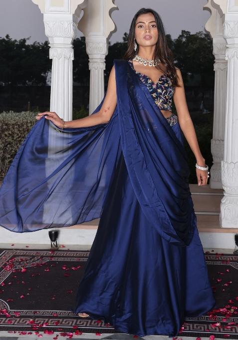 Blue Embroidered Silk Blend Lehenga Set
