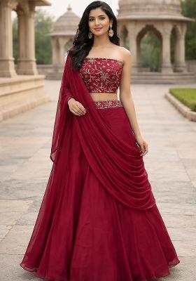 Pink Embroidered Silk Blend Lehenga Set