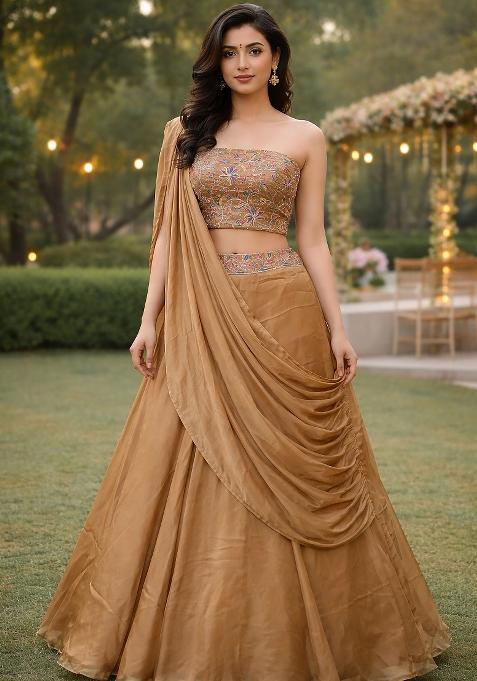 Beige Embroidered Silk Blend Lehenga Set