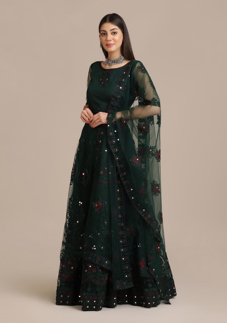 Green Embroidered Net Lehenga Set - Indya