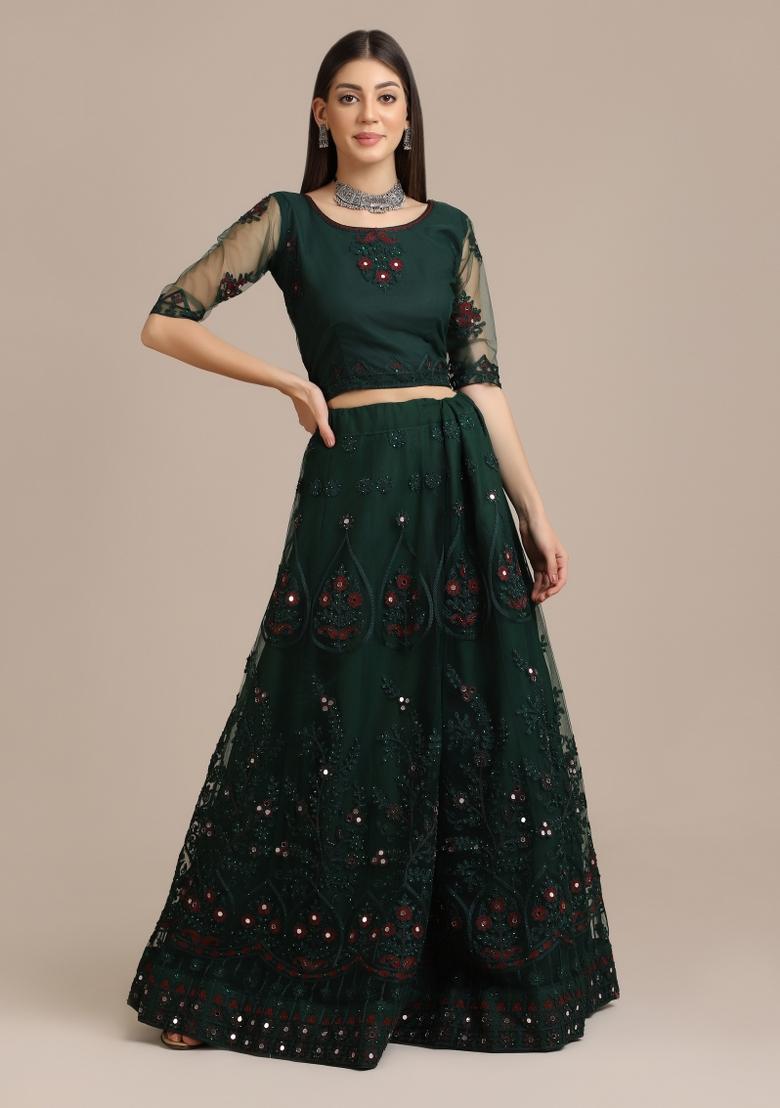Green Embroidered Net Lehenga Set - Indya