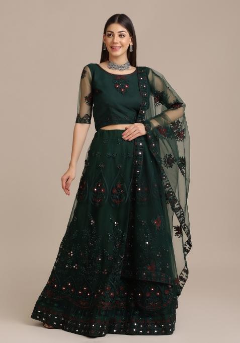Green Embroidered Net Lehenga Set