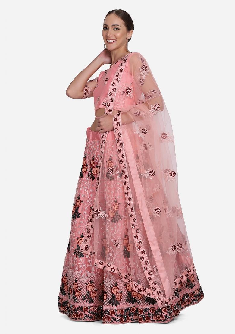 Pink Embroidered Net Lehenga Set - Indya