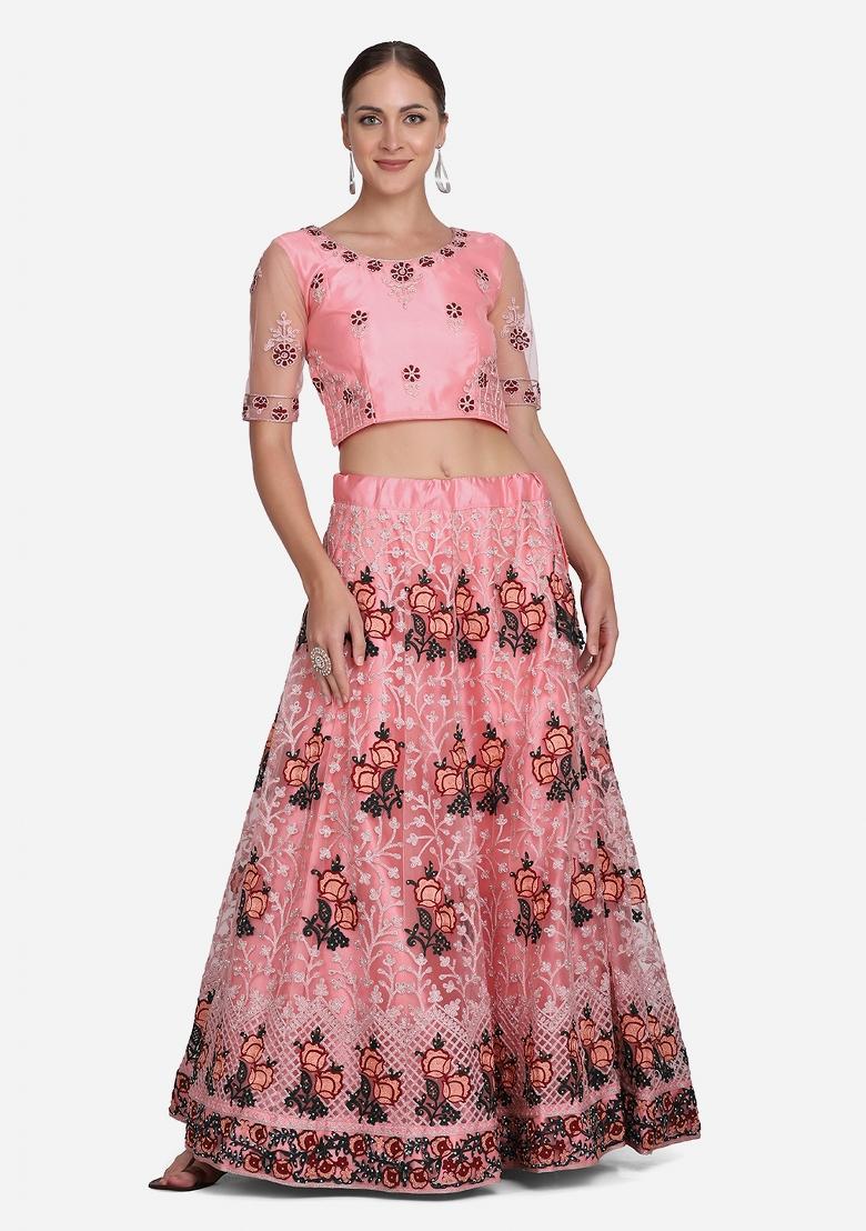 Pink Embroidered Net Lehenga Set - Indya