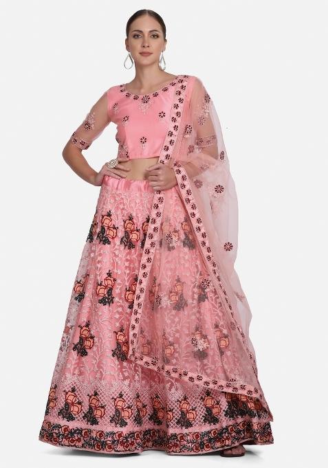 Pink Embroidered Net Lehenga Set