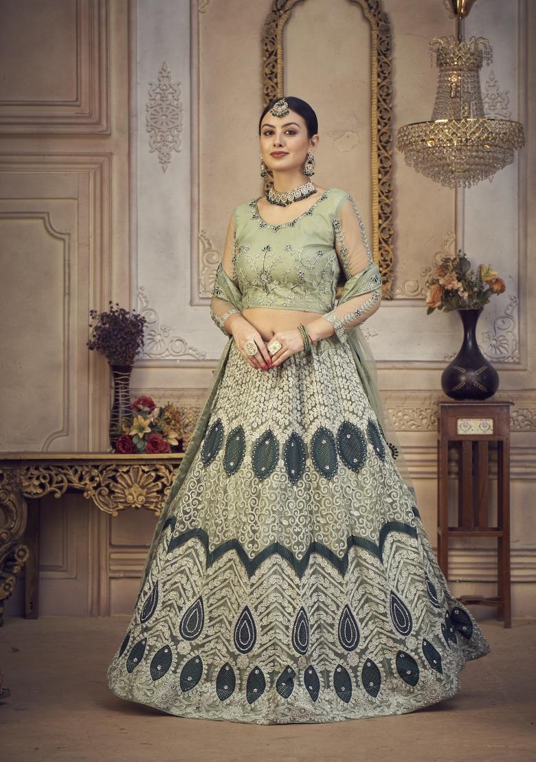 Pista Embroidered Net Lehenga Set - Indya