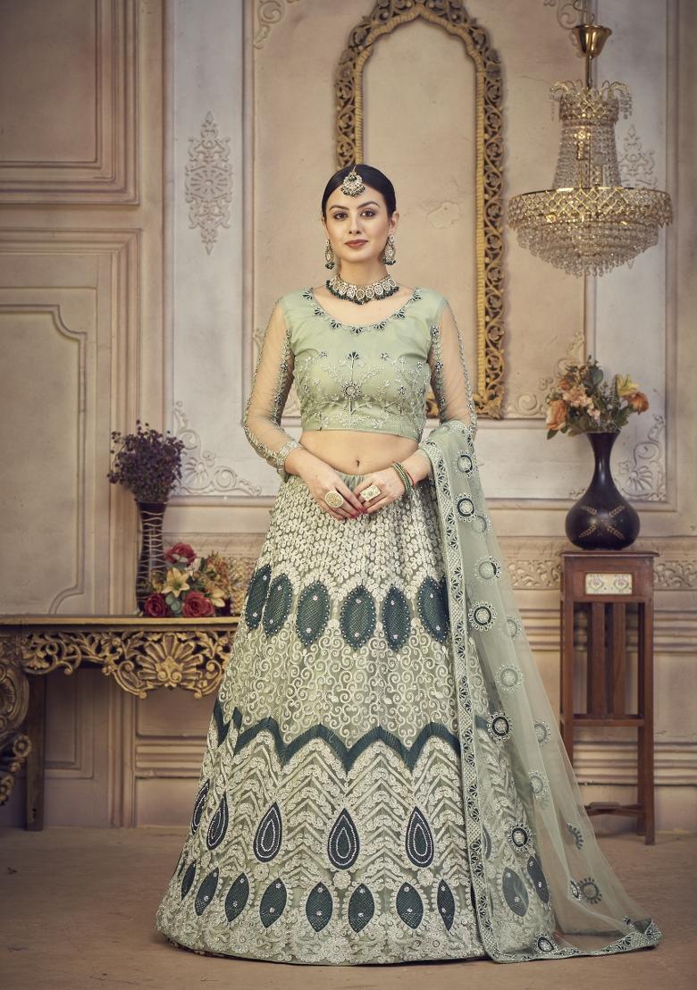 Pista Embroidered Net Lehenga Set - Indya