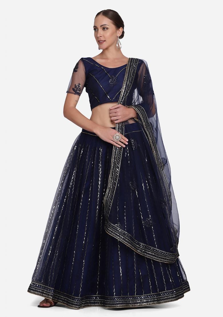 Blue Thread Work Net Lehenga Set - Indya