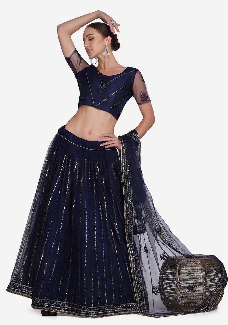 Blue Thread Work Net Lehenga Set - Indya