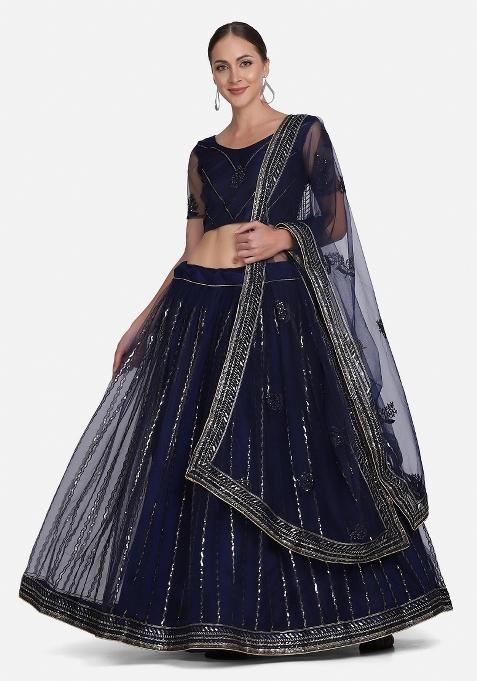 Blue Thread Work Net Lehenga Set