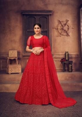 Red Embroidered Net Lehenga Set