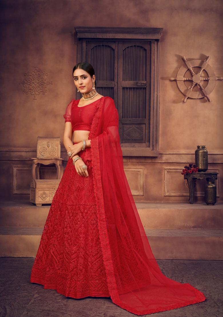 Red Embroidered Net Lehenga Set - Indya