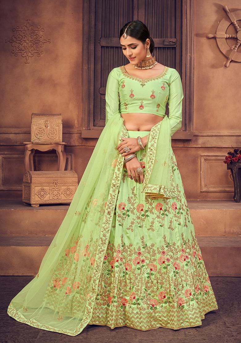 Light Green Embroidered Net Lehenga Set - Indya