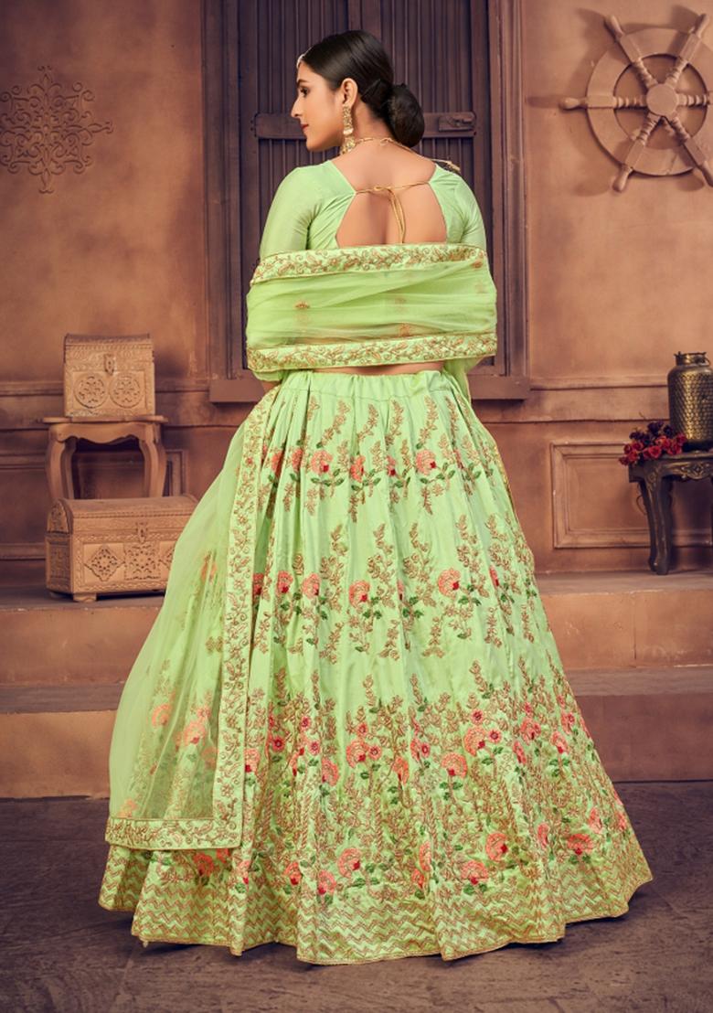 Light Green Embroidered Net Lehenga Set - Indya