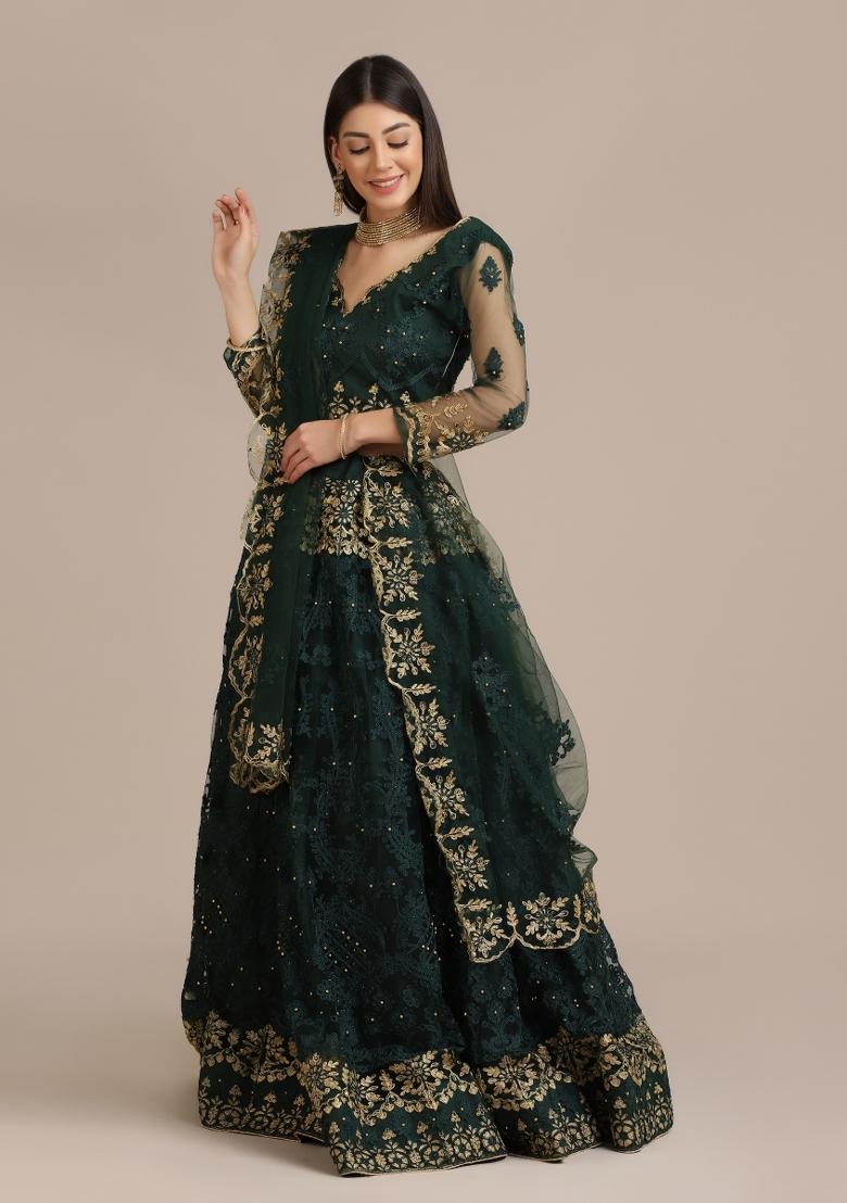 Green Embroidered Net Lehenga Set - Indya