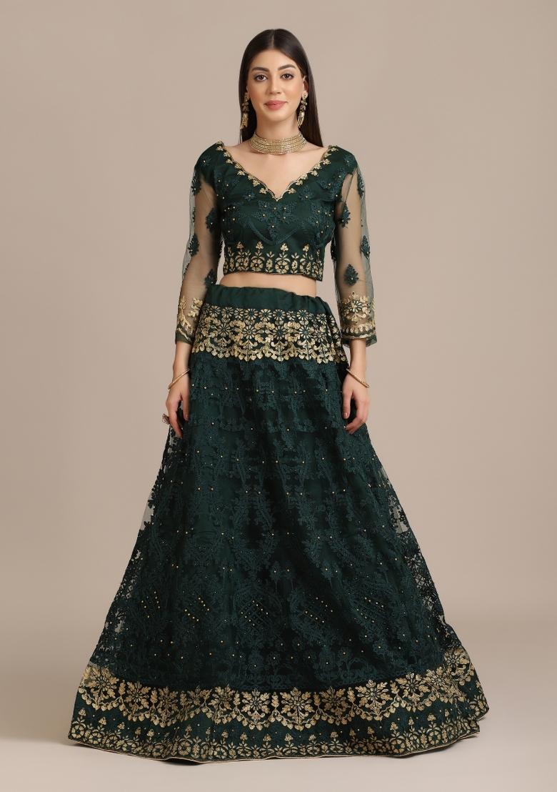 Green Embroidered Net Lehenga Set - Indya