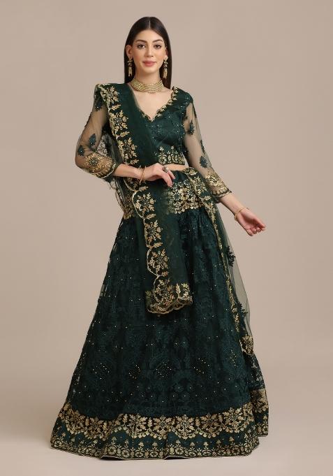 Green Embroidered Net Lehenga Set