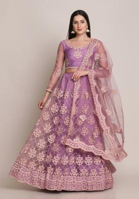 Purple Embroidered Net Lehenga Set