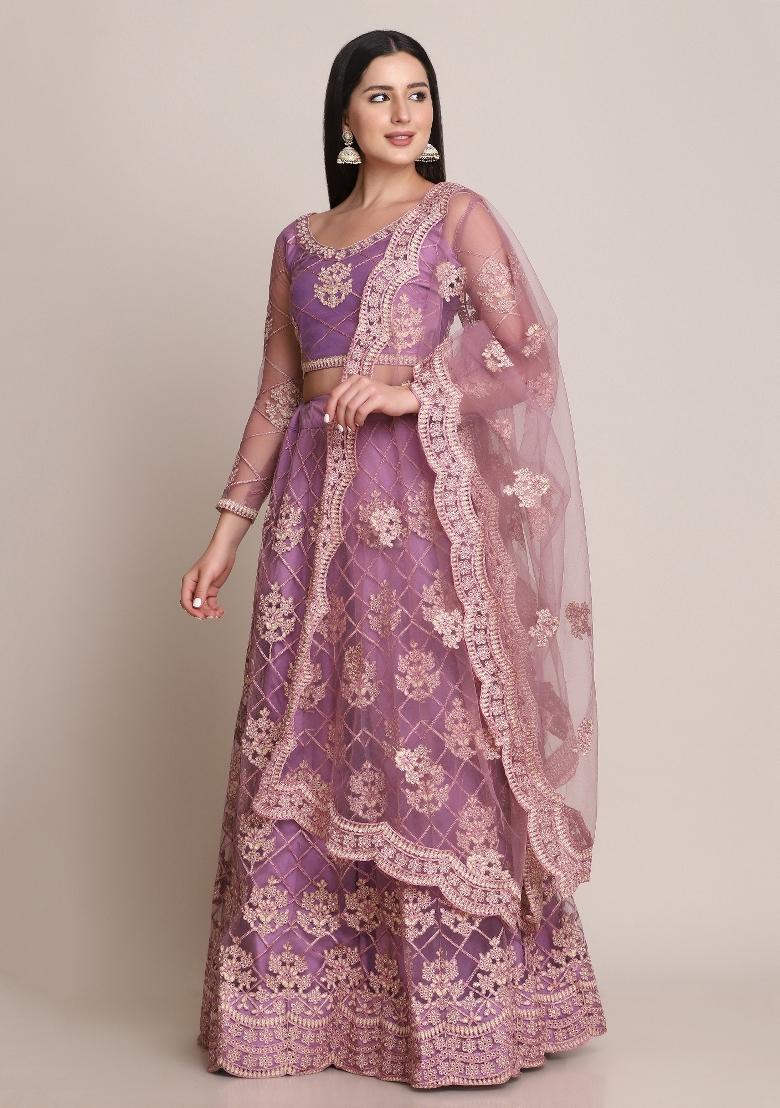 Purple Embroidered Net Lehenga Set - Indya