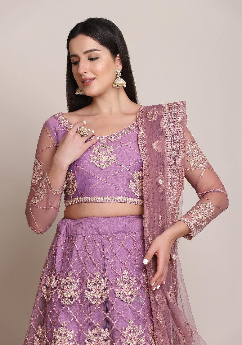 Purple Embroidered Net Lehenga Set - Indya