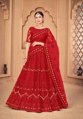 Red Embroidered Net Lehenga Set