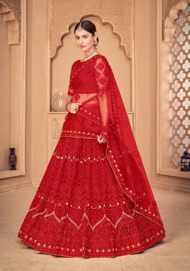 Red Embroidered Net Lehenga Set - Indya