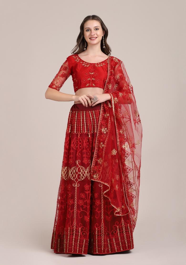 Maroon Embroidered Net Lehenga Set - Indya