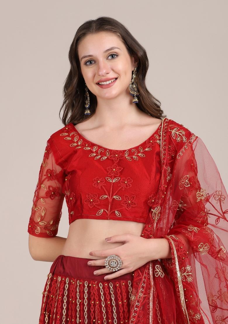 Maroon Embroidered Net Lehenga Set - Indya