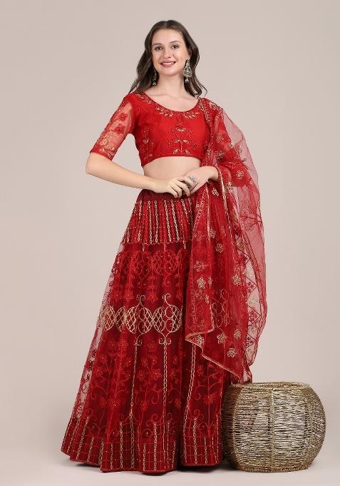 Maroon Embroidered Net Lehenga Set