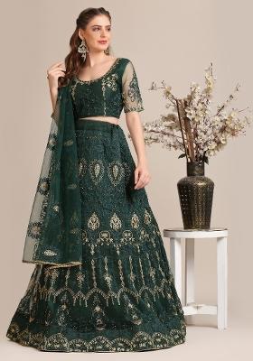 Green Embroidered Net Lehenga Set