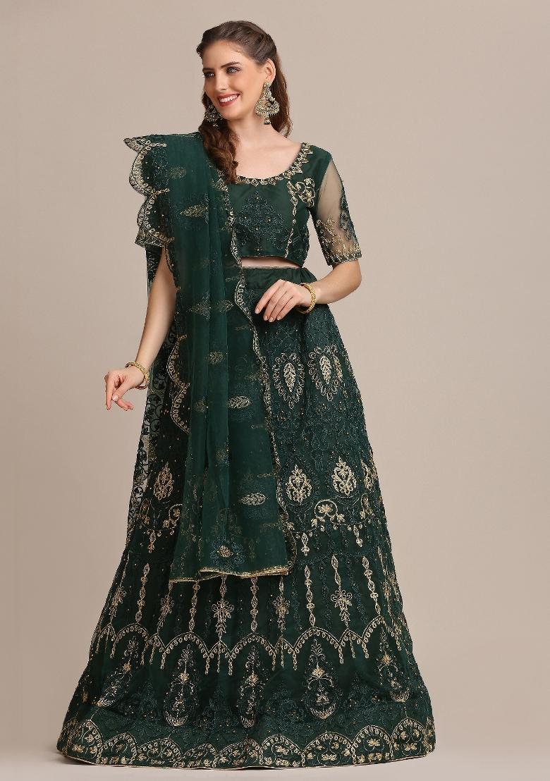 Green Embroidered Net Lehenga Set - Indya