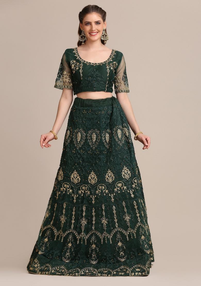 Green Embroidered Net Lehenga Set - Indya