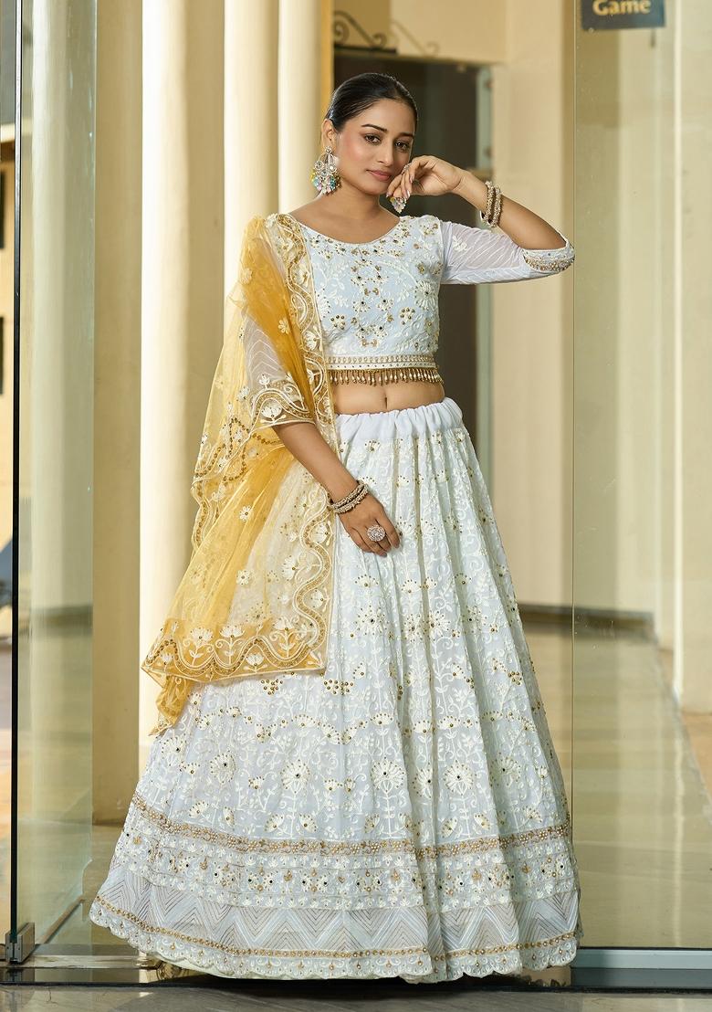 White Embroidered Georgette Lehenga Set - Indya