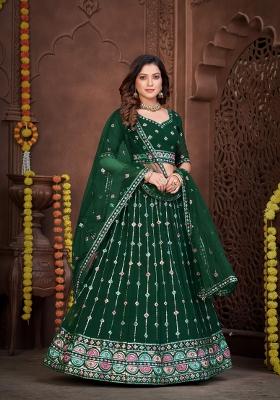 Dark Green Embroidered Georgette Lehenga Set