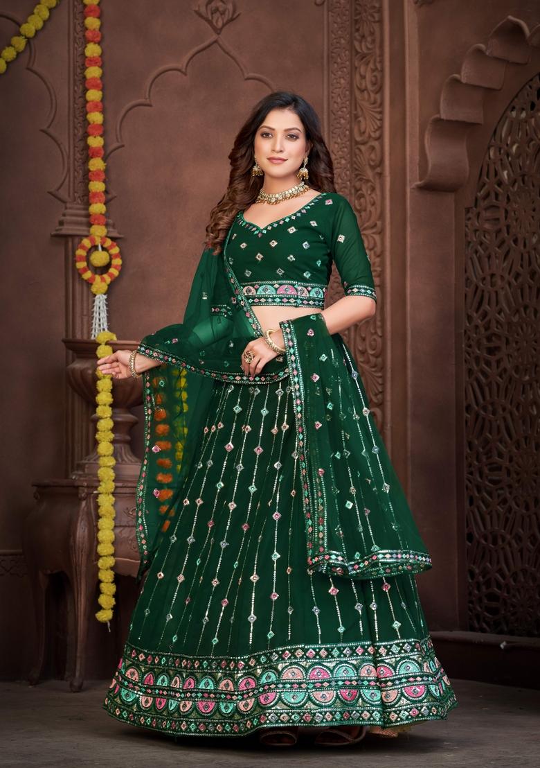 Dark Green Embroidered Georgette Lehenga Set - Indya