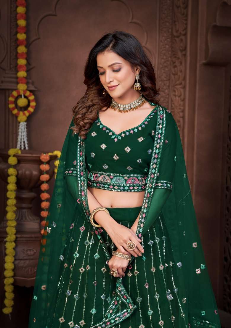 Dark Green Embroidered Georgette Lehenga Set - Indya