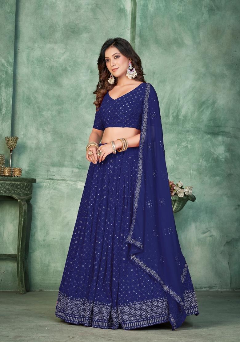 Navy Blue Embroidered Georgette Lehenga Set - Indya