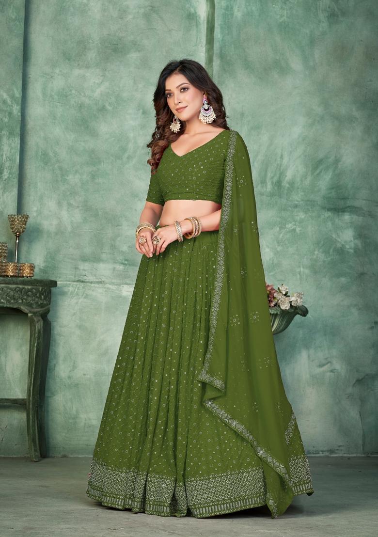 Mehendi Embroidered Georgette Lehenga Set - Indya