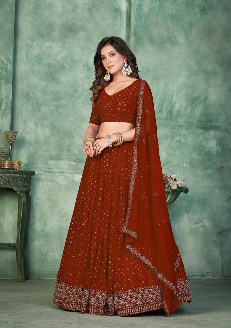 Maroon Embroidered Georgette Lehenga Set - Indya