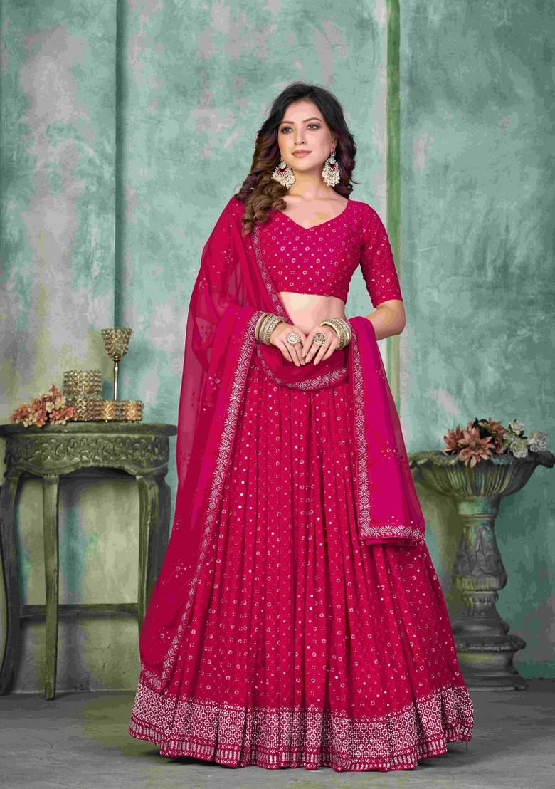Pink Embroidered Georgette Lehenga Set - Indya