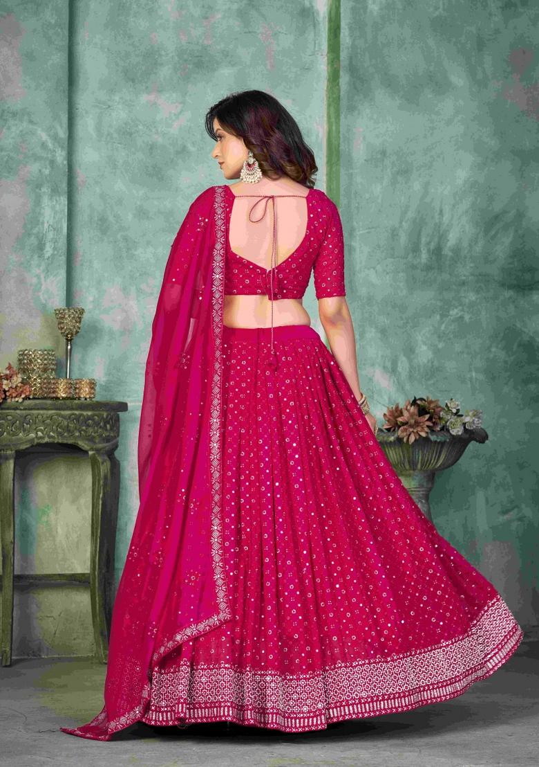Pink Embroidered Georgette Lehenga Set - Indya