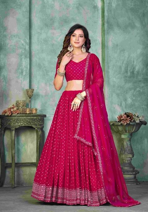 Pink Embroidered Georgette Lehenga Set