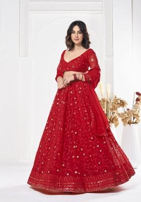 Red Embroidered Georgette Lehenga Set