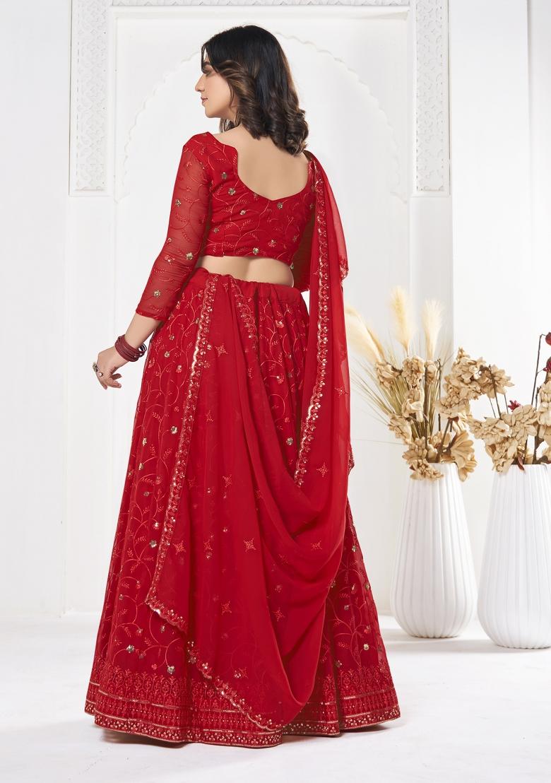 Red Embroidered Georgette Lehenga Set - Indya